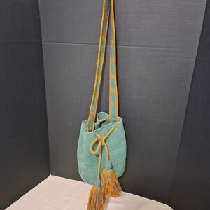 Wayuu mochilaHandmade Bucket Bag Boho Hippie Style Green Orange Drawstring Purse